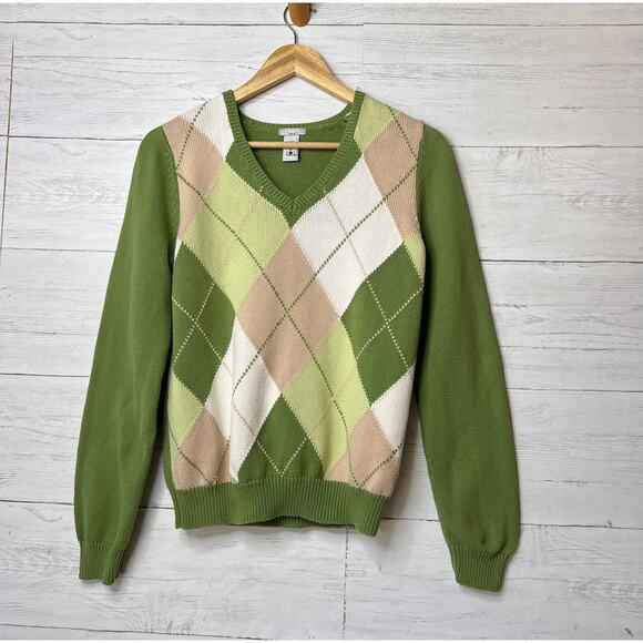 Izod Golf Sweater Womens Size Small Pink Beige & Green Argyle V Neck 100% Cotton - Picture 1 of 16